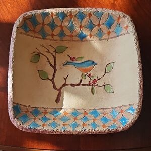 Handcrafted Ceramic Stoneware Plate/Bowl w/Blue Bird and Stylized Floral Motif